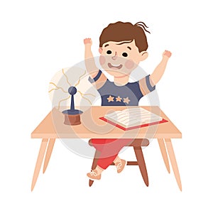 Little Boy Working on Physics Science Experiment with Glass Globe Vector Illustration