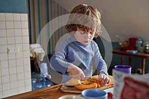 Little boy works in the kitchen, he cuts a pumpkin