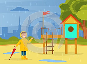 Little Boy in Yellow Raincoat with Umbrella Walking Outdoor in Autumn Enjoying Rainy Weather Vector Illustration