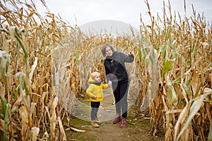 Little boy with young mother having fun on pumpkin fair at autumn. Person walking among the dried corn stalks in a corn maze