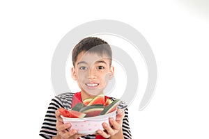 Little boys blend water melon juice by using blender