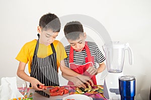 Little boys blend water melone juice by using blender home photo