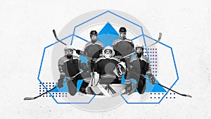 Little boys, children in uniform and helmet, hockey players posing together on abstract background. Contemporary art