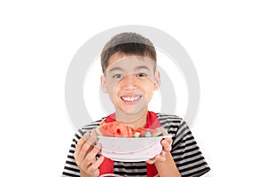 Little boys eat watermelon on white background