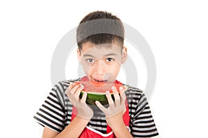 Little boys eat watermelon on white background
