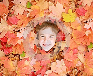 Little Boys Face in Leaves