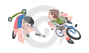 Little boys falling down from kick scooter and bicycle cartoon vector illustration