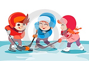 Little boys and girl playing hockey on ice rink in park.