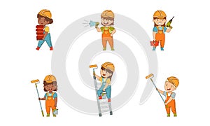 Little boys and girls builders set. Children wearing overalls and hard hats working with construction tools cartoon