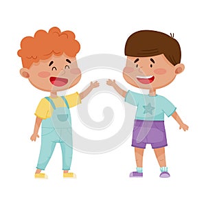 Little Boys Greeting and Cheering Each Other Vector Illustration