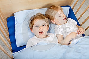 Little boys having fun in bed at home