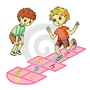 Little boys playing jumping on drawing hopscotch