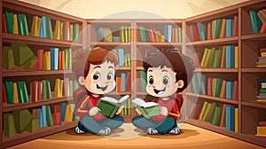 Little boys reading books in the library