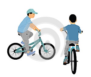 Little boys riding bicycle vector illustration isolated. Kids enjoy in ride bike. Active children drive outdoor.