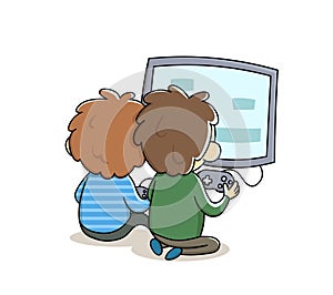 Little boys sitting in front of TV playing games. Kid`s dependence on a smartphone, gadget or the internet. Flat vector