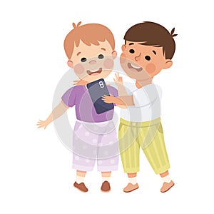 Little Boys with Smartphone Taking Selfie Using Smart Technology Vector Illustration