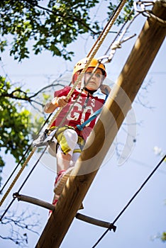 Little brave caucasian girl at outdoor treetop climbing adventure park