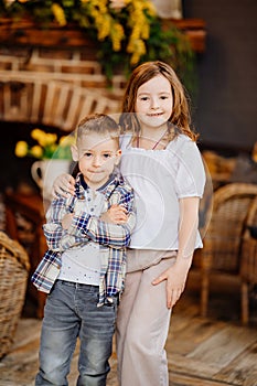 Little brother and sister hugging in the interior of a country house.