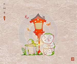 Little Buddha, toro lantern and zen rock sculpture. Japanese zen garden composition on vintage background. Hieroglyphs -