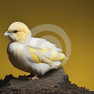 Little Buff Orpington chick against a yellow background with room for copy space