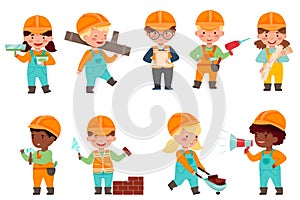 Little Builders Wearing Hard Hat with Construction Tools Executing Work Vector Set photo