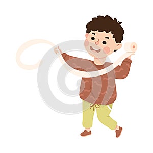 Little bully boy tearing and throwing toilet paper. Hoodlum schoolkid cartoon vector illustration photo