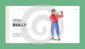 Little Bully Landing Page Template. Mischievous Boy Wreaking Havoc With Slingshot, Causing Mischief And Chaos
