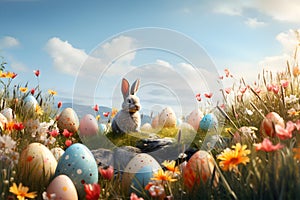 Little Bunny In Basket With Decorated Eggs