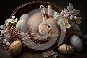 Little Bunny In Basket With Decorated Eggs - Easter Card