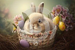 Little Bunny In Basket With Decorated Eggs - Easter Card