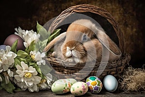 Little Bunny In Basket With Decorated Eggs - Easter Card