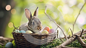 little bunny in basket with decorated eggs, Easter Card. AI Generative