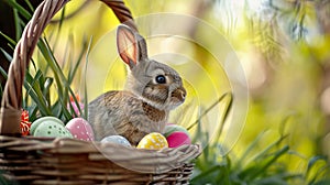little bunny in basket with decorated eggs, Easter Card. AI Generative