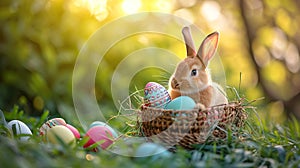 little bunny in basket with decorated eggs, Easter Card. AI Generative