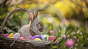 little bunny in basket with decorated eggs, Easter Card. AI Generative