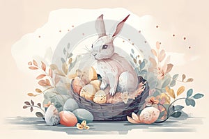 Little Bunny In Basket With Decorated Eggs - Easter Card. Generative AI