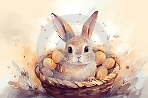 Little Bunny In Basket With Decorated Eggs - Easter Card. Generative AI