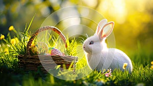 Little Bunny In Basket With Decorated Eggs - Easter Card. Generative AI