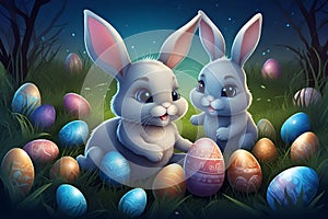 Little bunny with decorated Easter eggs on the grass. Futuristic technology concept in dark and blue light