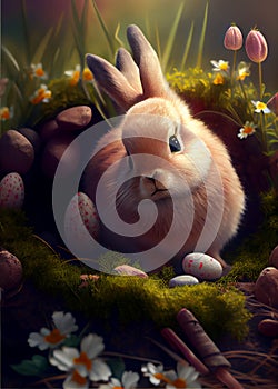 Little Bunny With Decorated Eggs - AI Generated