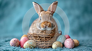 Little Bunny With Decorated Eggs on a blue background - Easter Card