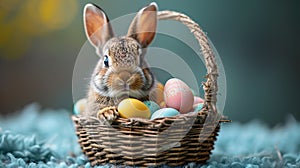 Little Bunny With Decorated Eggs on a blue background - Easter Card