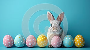 Little Bunny With Decorated Eggs on a blue background - Easter Card