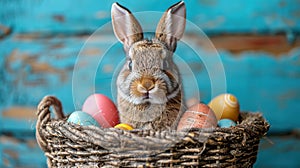 Little Bunny With Decorated Eggs on a blue background - Easter Card