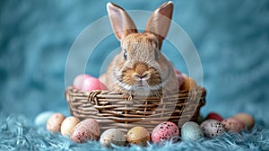 Little Bunny With Decorated Eggs on a blue background - Easter Card