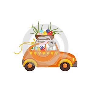 Little bunny driving vintage car with Easter eggs basket, funny rabbit character, Happy Easter concept cartoon vector