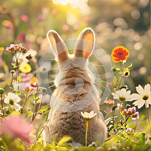 A little bunny sitting in the middle of colorful flowers in a meadow. Flowering flowers, a symbol of spring, new life