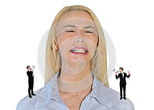 Little business man screaming on stressed woman