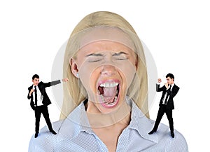 Little business man screaming on stressed woman