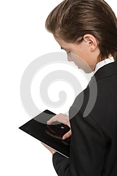 Little businessman with digital tablet.
